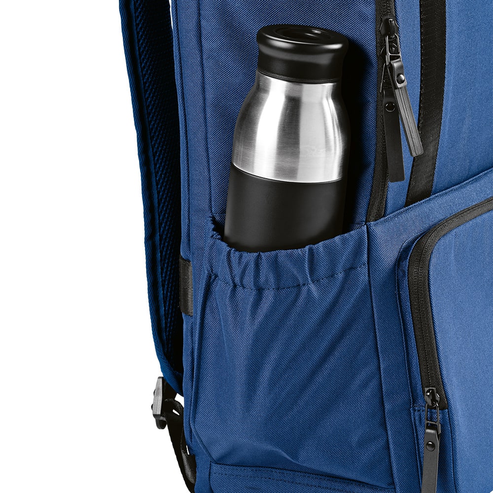 A blue backpack featuring a front pocket with a drink bottle securely held inside. It has a logo on the surface.