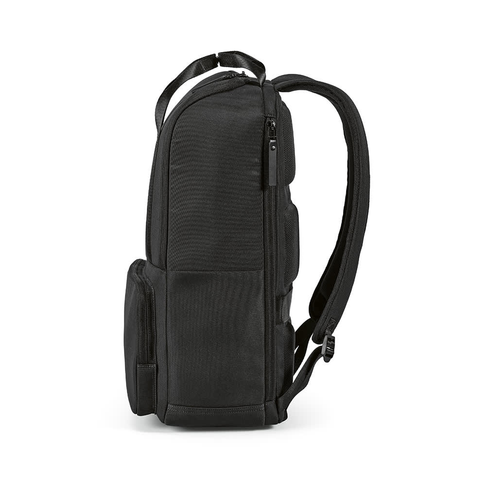 A black backpack with a structured design, featuring a side view, a front pocket, and adjustable straps.