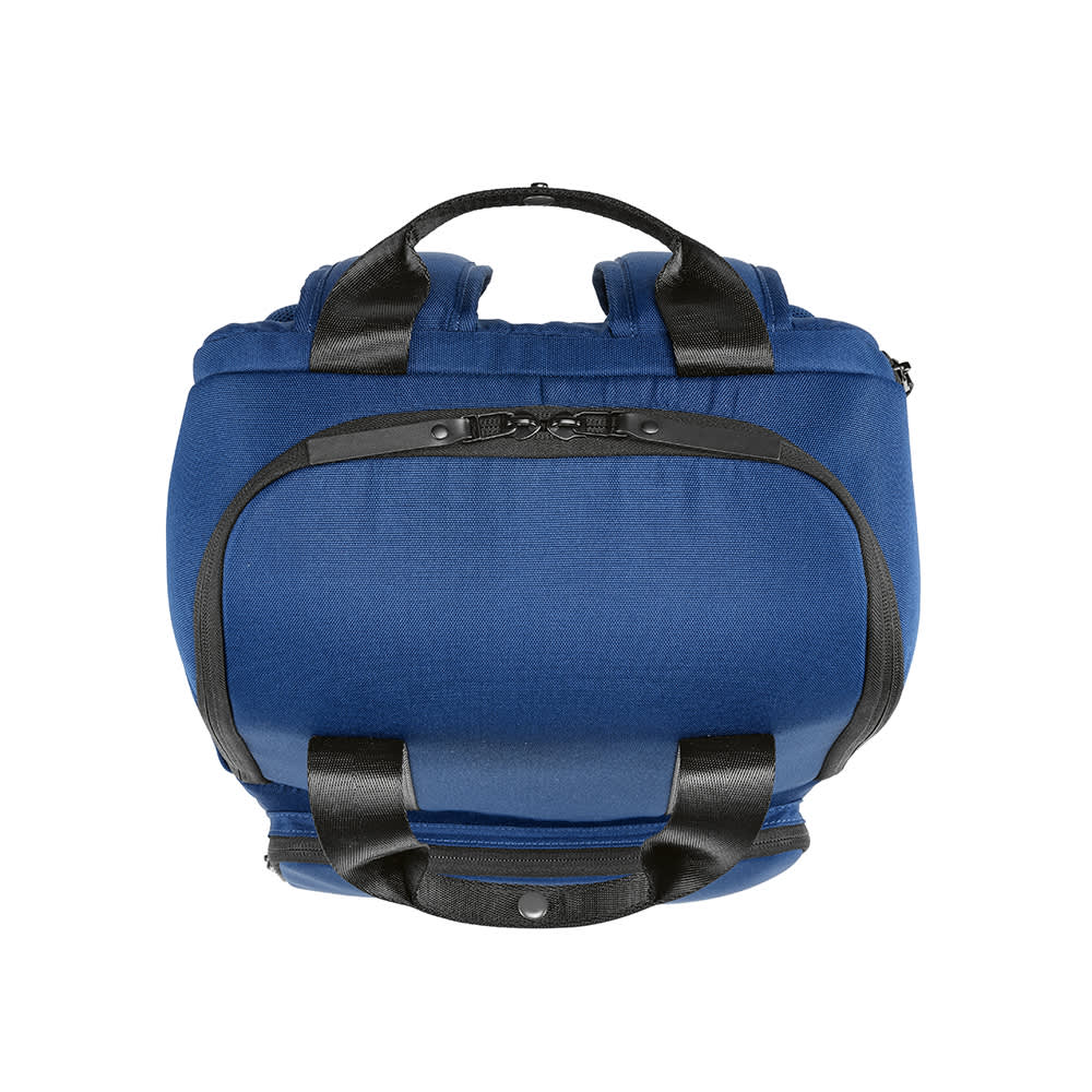 A blue Bucharest Backpack with a front pocket, designed to fit a 15.6" laptop. It features sturdy handles.