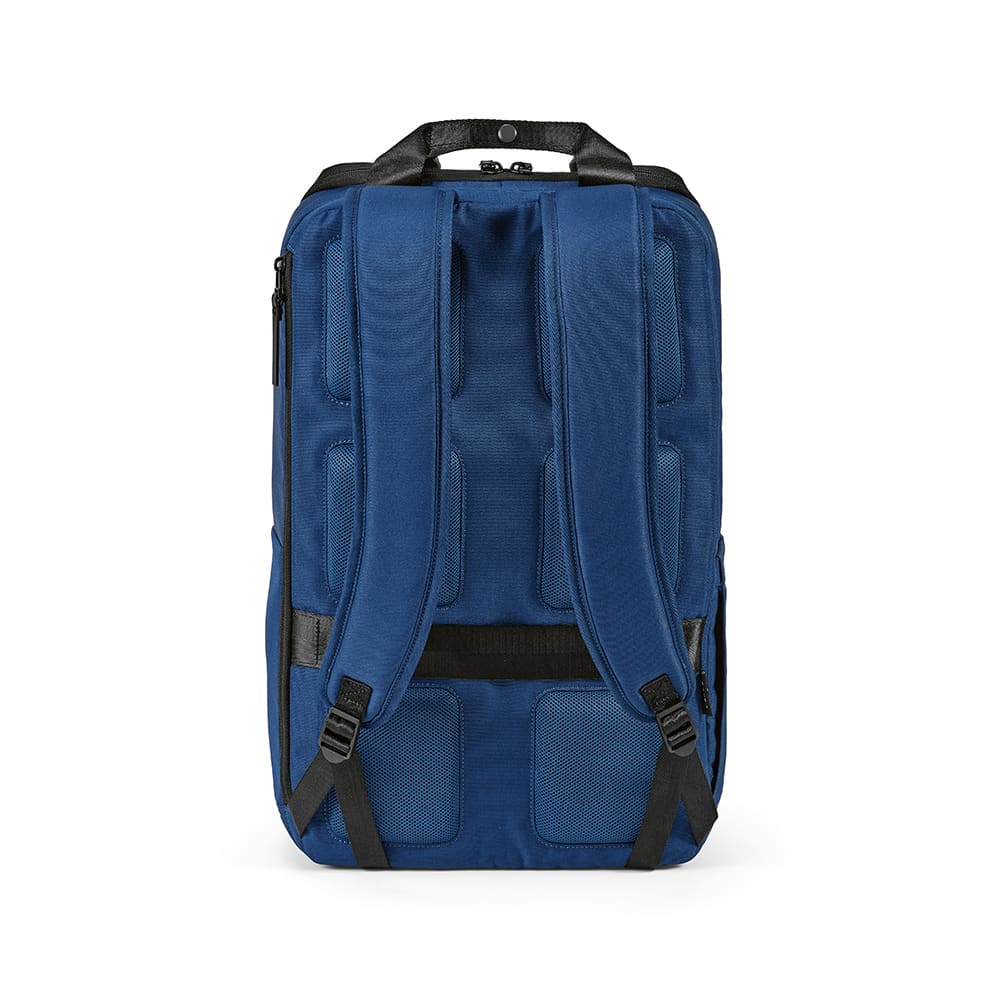 A blue backpack with padded straps and a front pocket, suitable for a 15.6" laptop. Features a logo.