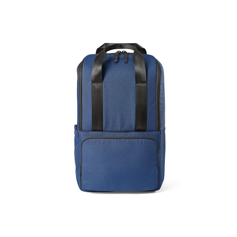 A blue backpack featuring black straps and a front pocket, designed to fit a 15.6" laptop. It has a logo on it.