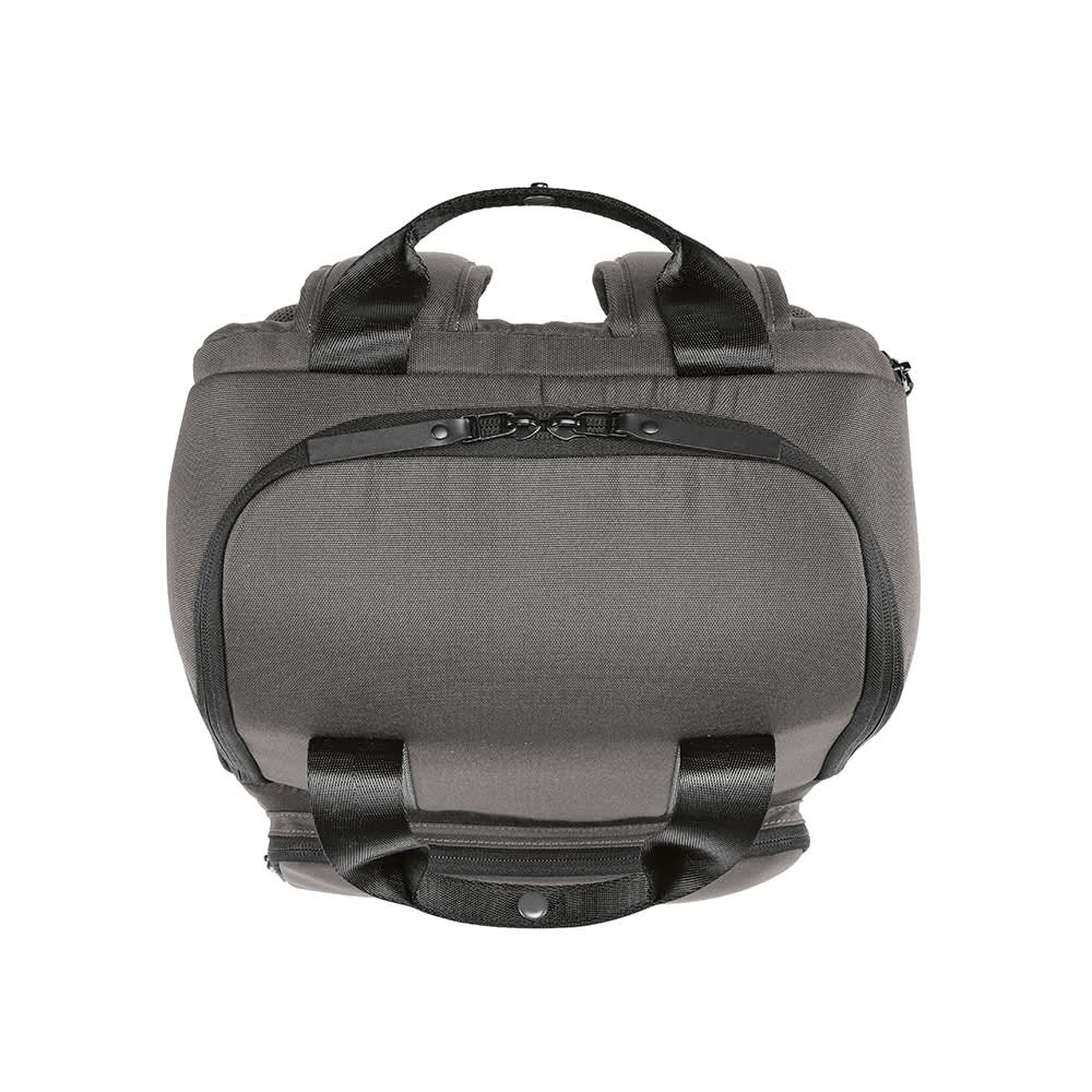 A grey backpack with a top handle and zippered front pocket, featuring a sleek design and sturdy straps.