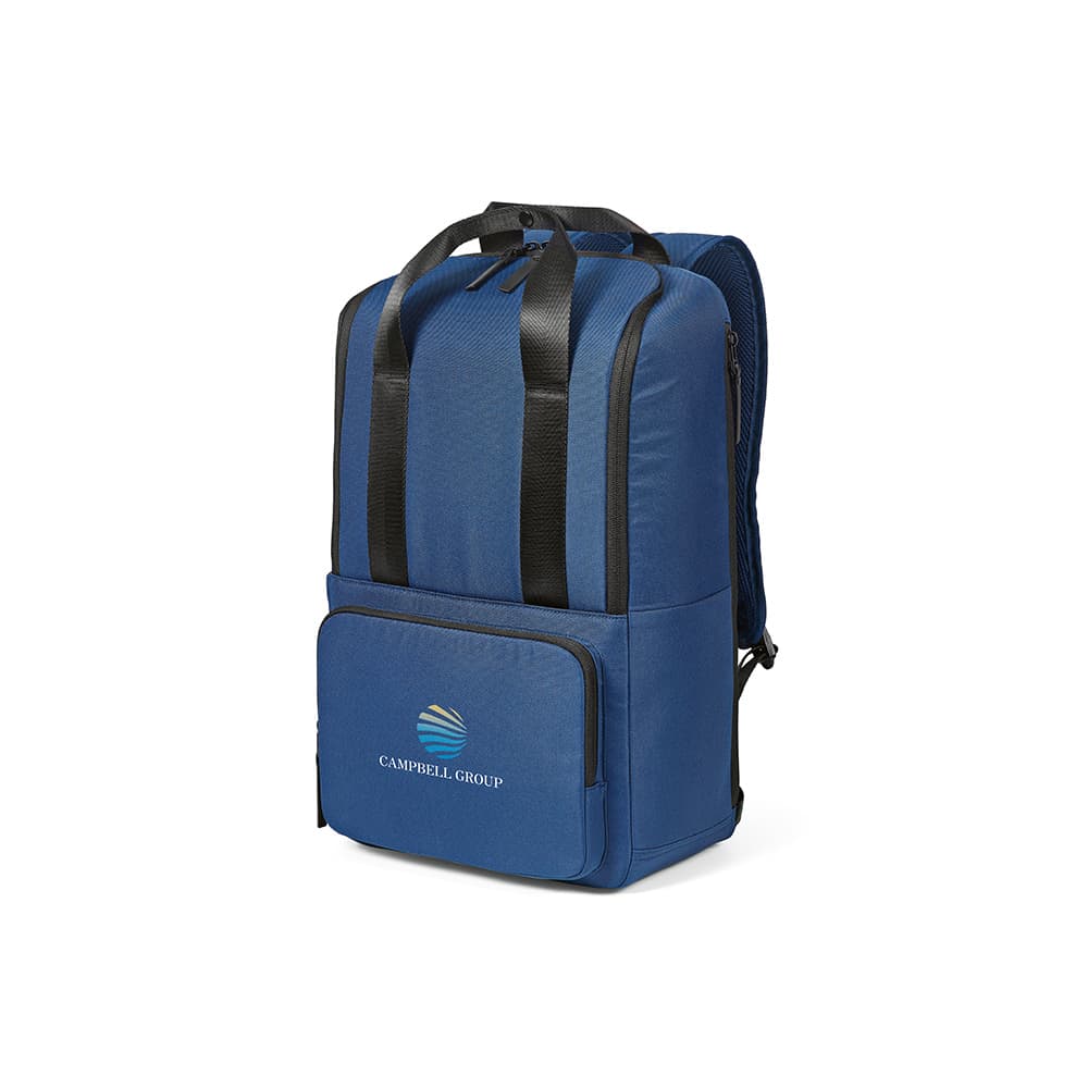 A blue backpack featuring a front pocket, designed to fit a 15.6" laptop, with a logo on the front.