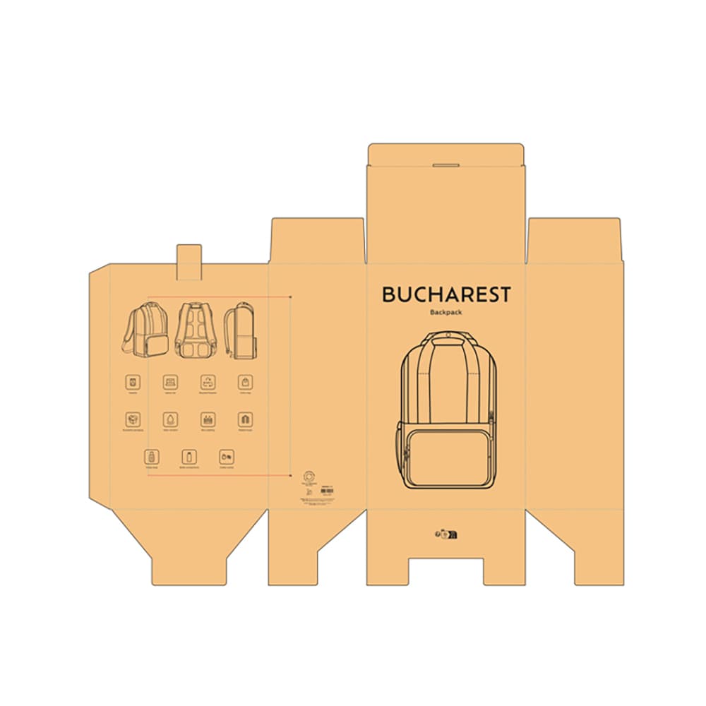 A beige backpack design featuring a front pocket, suitable for a 15.6" laptop, with a logo present.