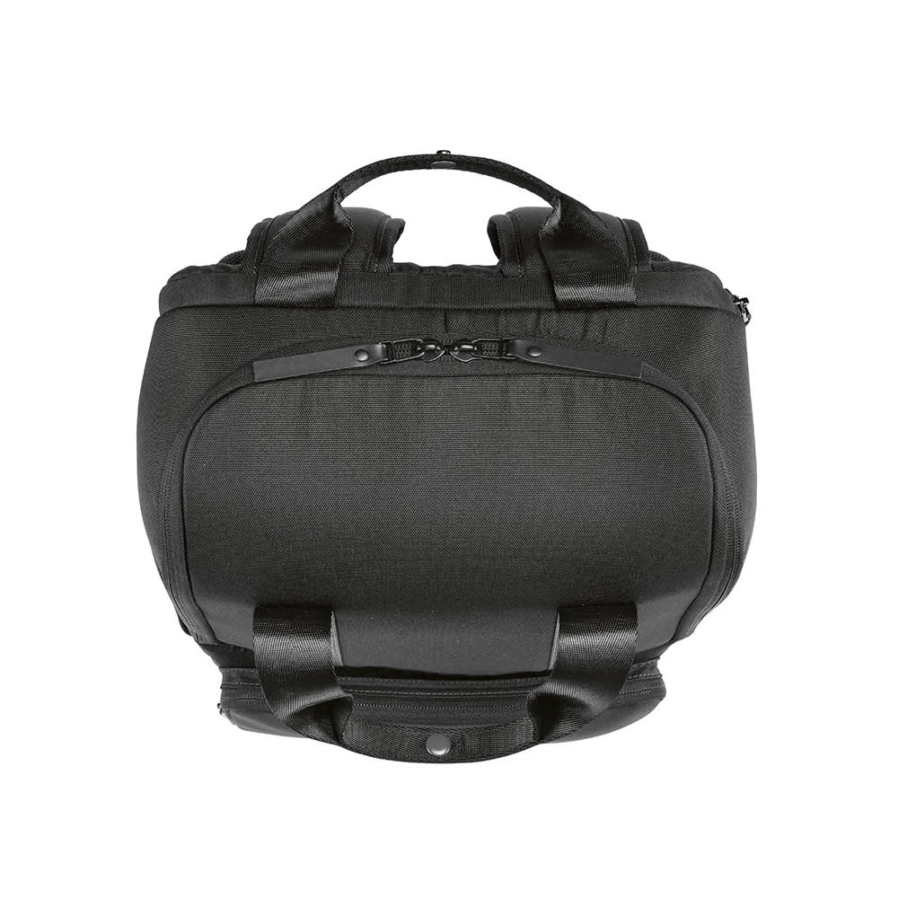 A black Bucharest backpack with a front pocket, designed to fit a 15.6" laptop, featuring sturdy handles.