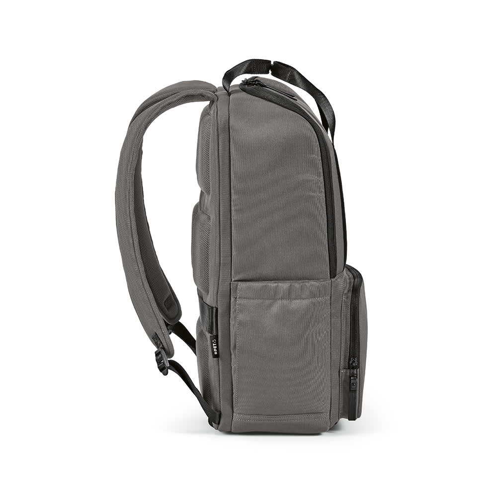 A grey backpack with multiple compartments, including a front pocket, designed to fit a 15.6" laptop.