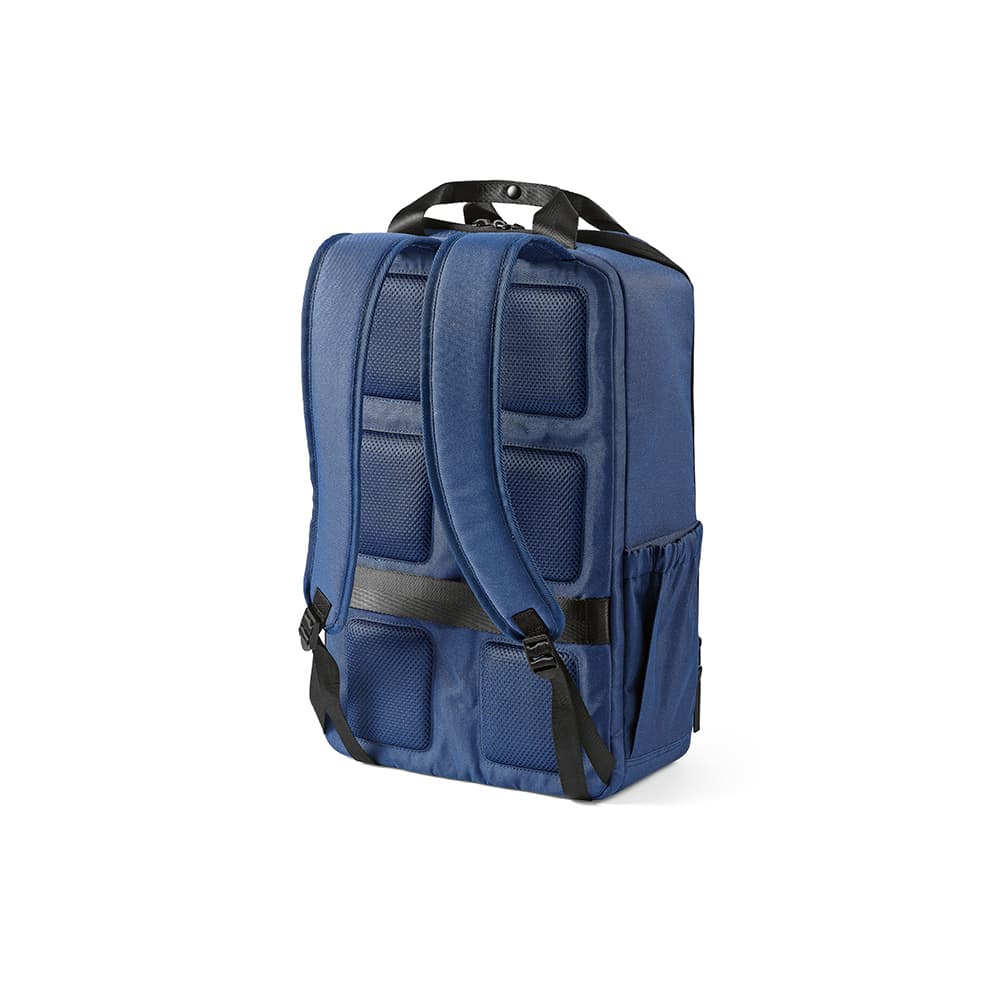 A navy blue backpack with padded straps and a front pocket, designed to fit a 15.6" laptop. Features a logo.