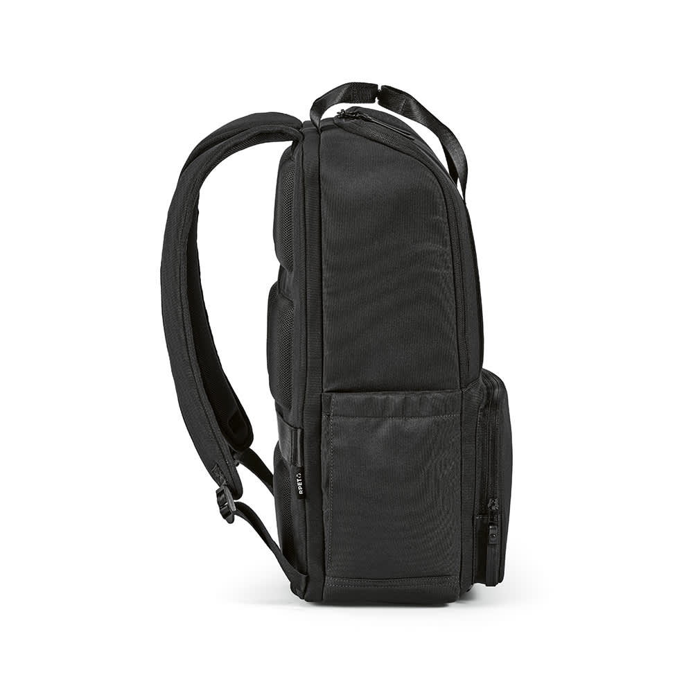 A black backpack featuring a front pocket, designed to fit a 15.6" laptop and made from rPET materials.