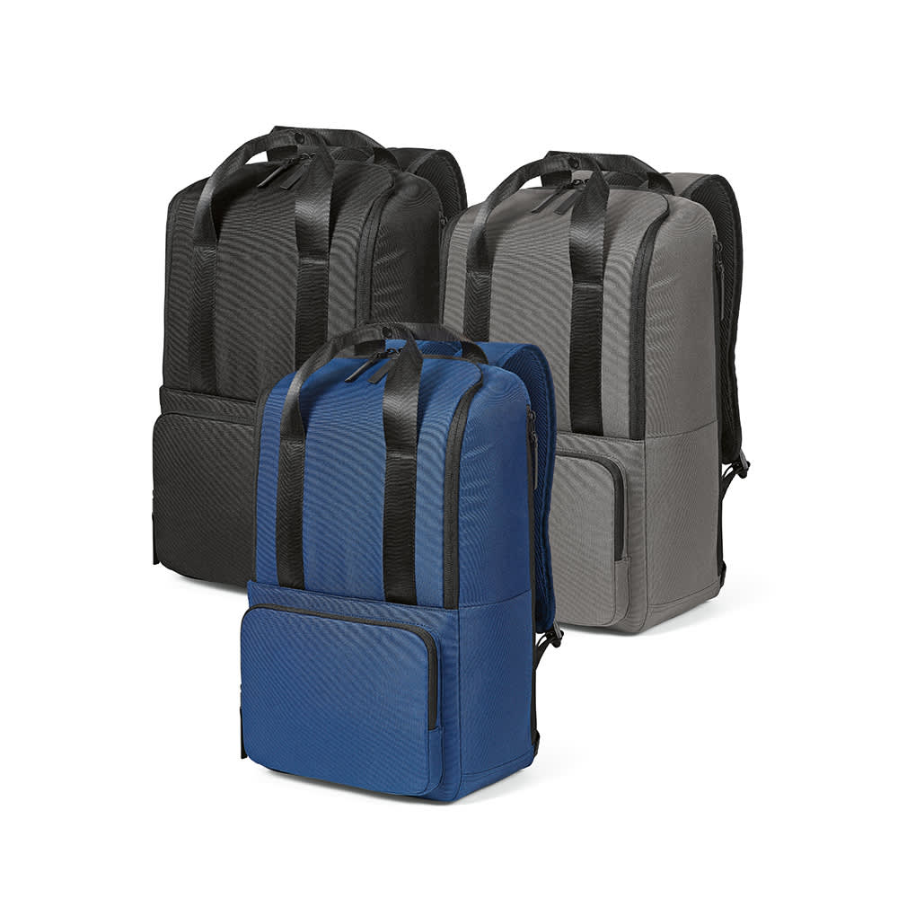 A range of Bucharest backpacks in black, grey, and blue, featuring a front pocket and straps. One backpack fits a 15.6" laptop.