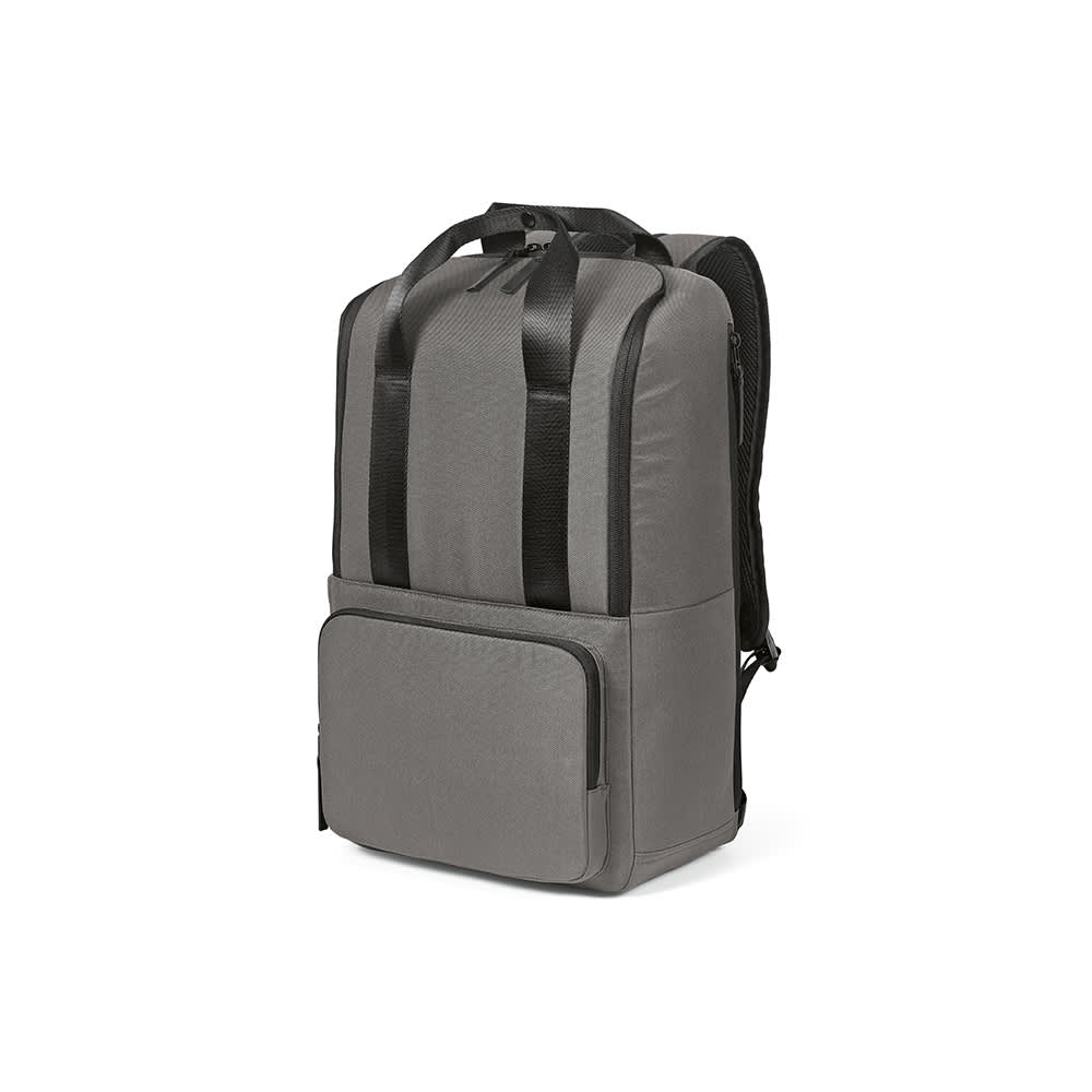 A grey backpack with a front pocket, designed to fit a 15.6" laptop, featuring two top handles and shoulder straps.