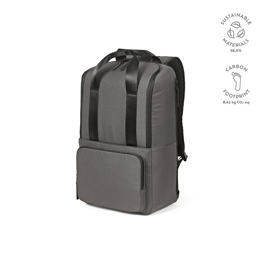 A grey backpack with a front pocket, designed to fit a 15.6" laptop, featuring a logo.