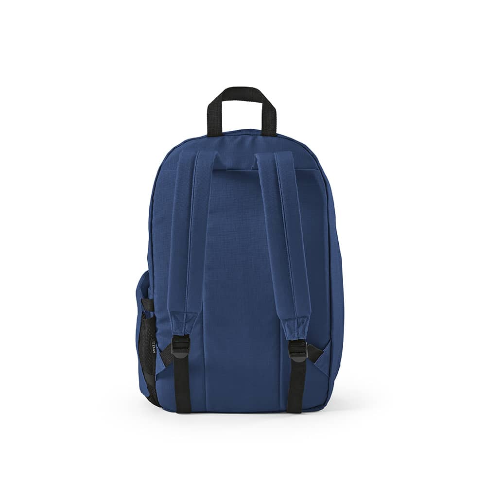 A navy backpack with black straps and side pockets, designed for a 17" laptop. Features a logo.