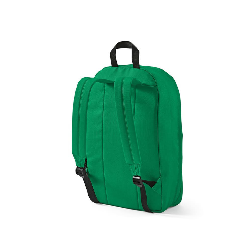 A green backpack with padded straps and a handle, designed to fit a 17" laptop. It has a branding logo.