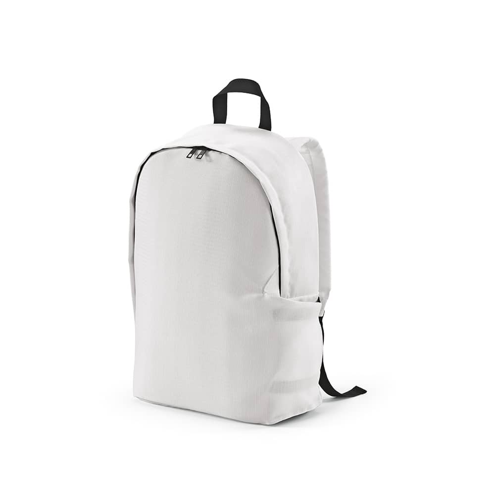 A white ripstop rPET backpack with black straps, designed to fit a 17" laptop, featuring a logo.