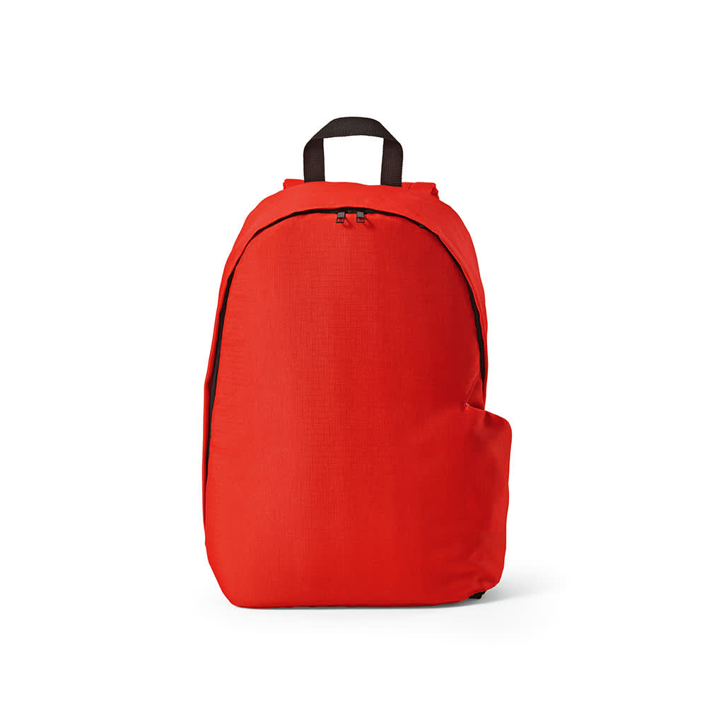 A red backpack, featuring a single side pocket and a black handle, made of ripstop rPET material.