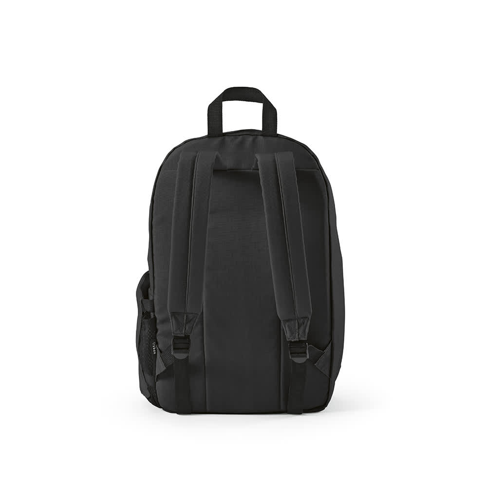 A black Tallin Backpack made from ripstop rPET, featuring adjustable straps and a side pocket. Fits a 17" laptop.