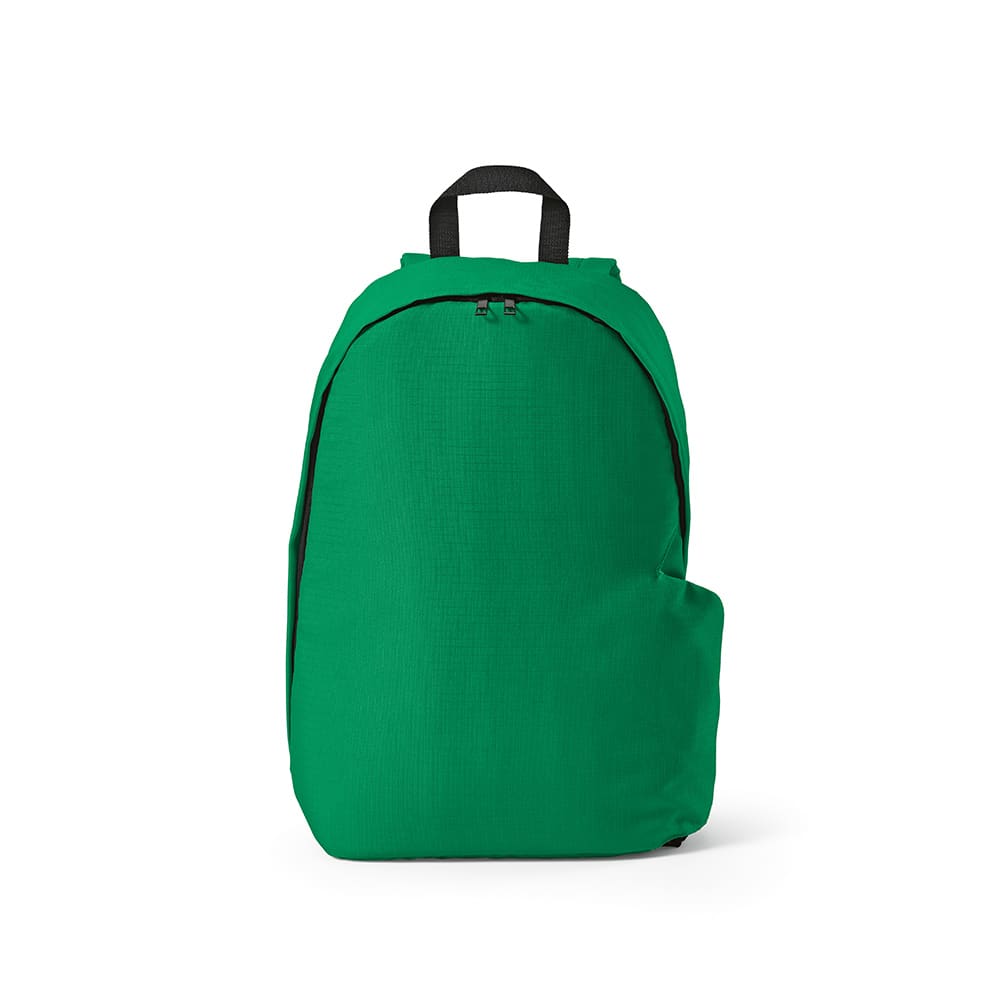 A green Tallin backpack made from ripstop rPET, featuring a pocket and capacity for a 17" laptop.