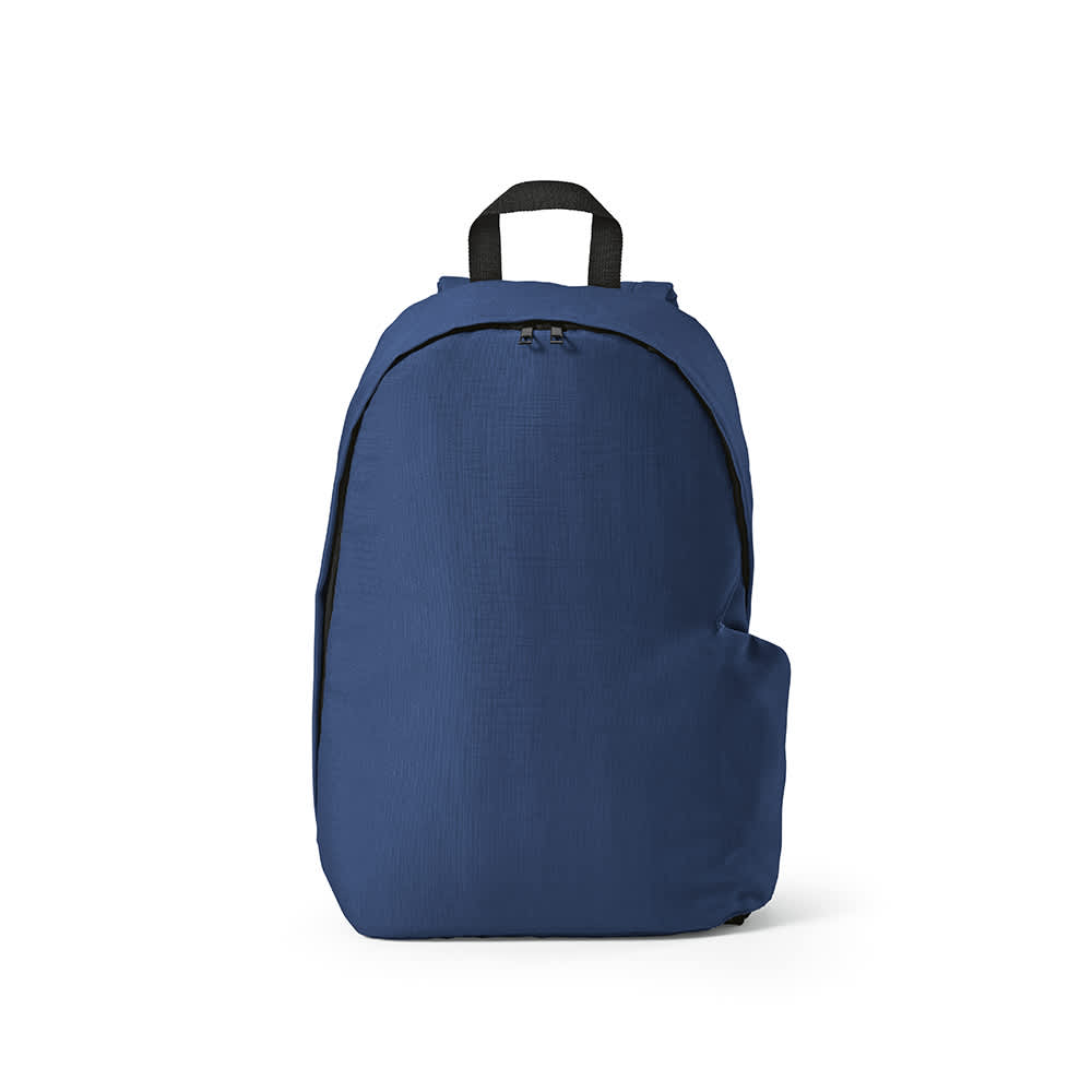 A navy blue backpack with a sleek design, featuring a side pocket and a logo. Suitable for a 17" laptop.