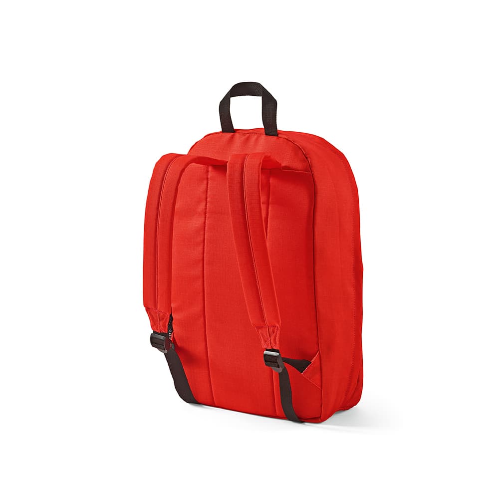 A red backpack with two adjustable straps and a top handle, featuring a logo on the front.
