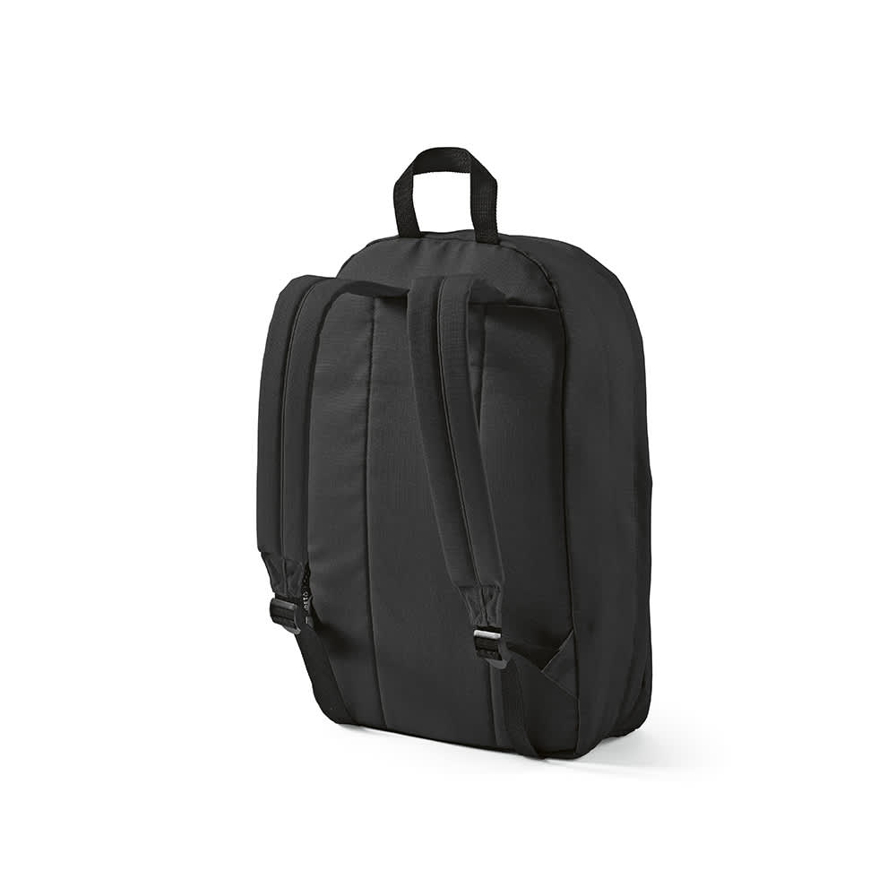 A black backpack with adjustable straps and a top handle, designed to fit a 17" laptop. Features a logo.