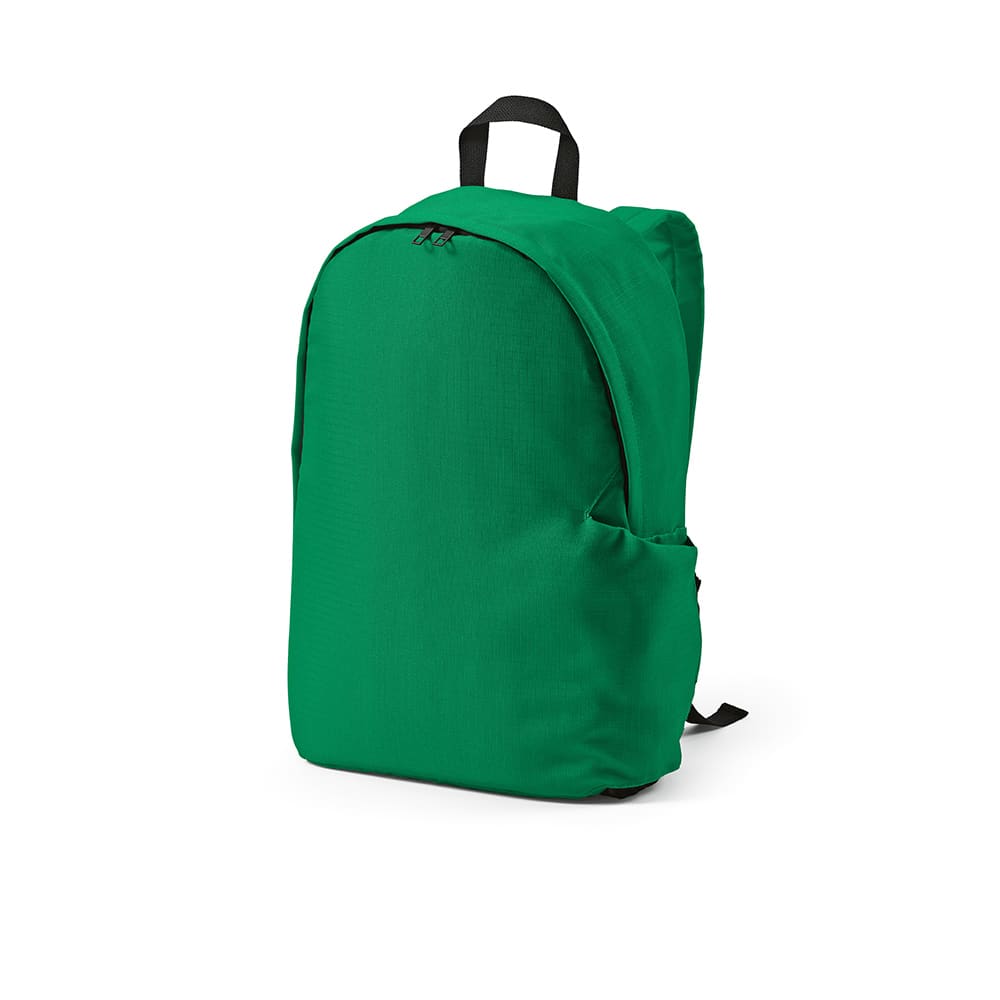 A green backpack with a textured finish, featuring a logo and designed to fit a 17" laptop.