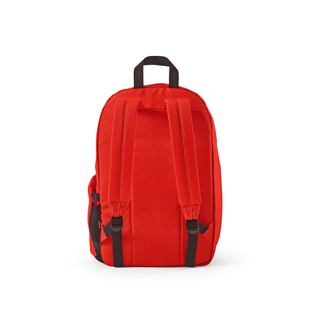 A bright red backpack made from ripstop rPET material, featuring padded shoulder straps and a sturdy handle.