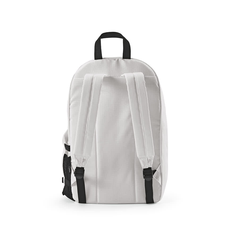 A white Tallin backpack with black straps and side mesh pocket, designed for a 17" laptop. Features branding.