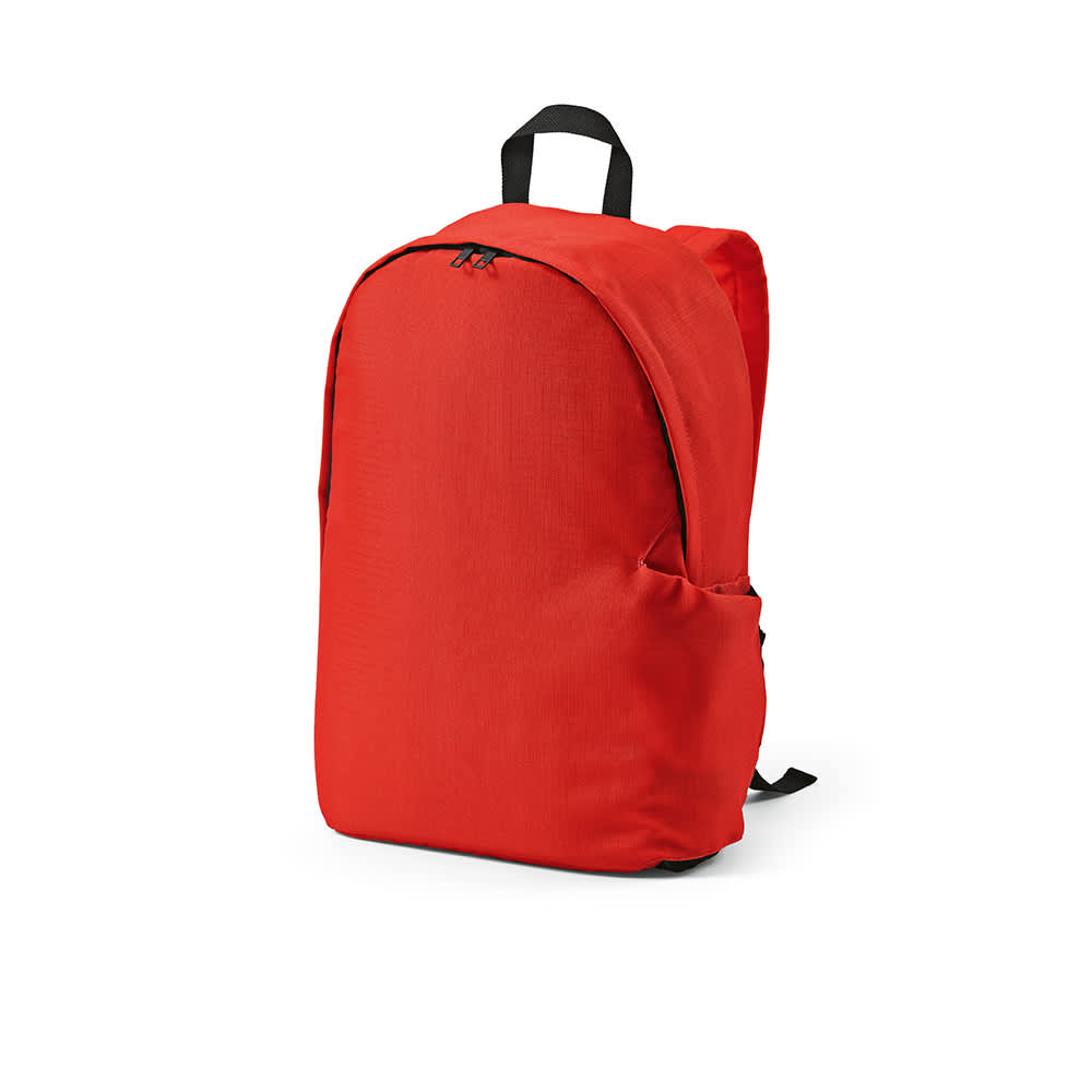 A red backpack with a sleek design, featuring adjustable straps and a logo. Suitable for a 17" laptop.