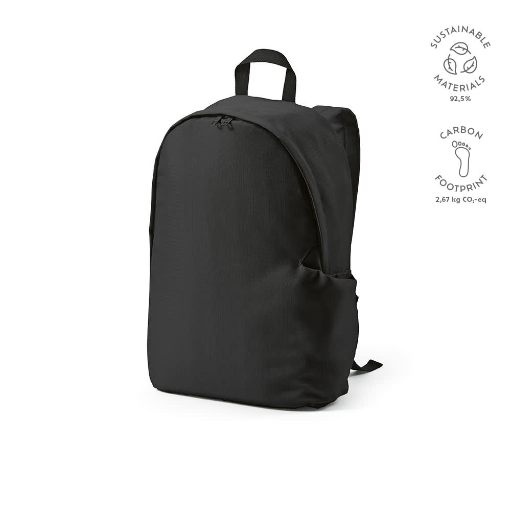A black Tallin Backpack made from sustainable materials, featuring a logo and designed to fit a 17" laptop.