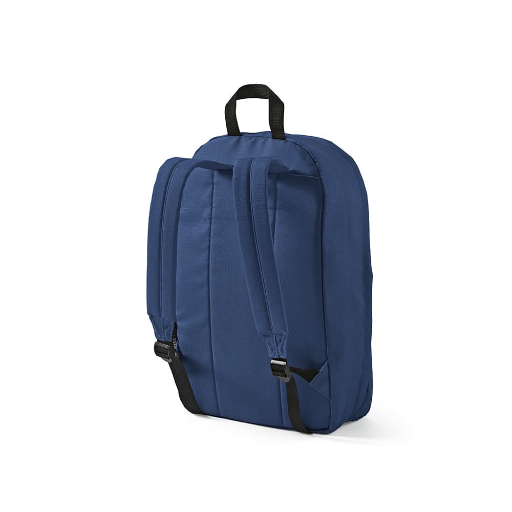A blue Tallin backpack made of ripstop rPET, featuring adjustable straps and a handle, fits a 17" laptop.