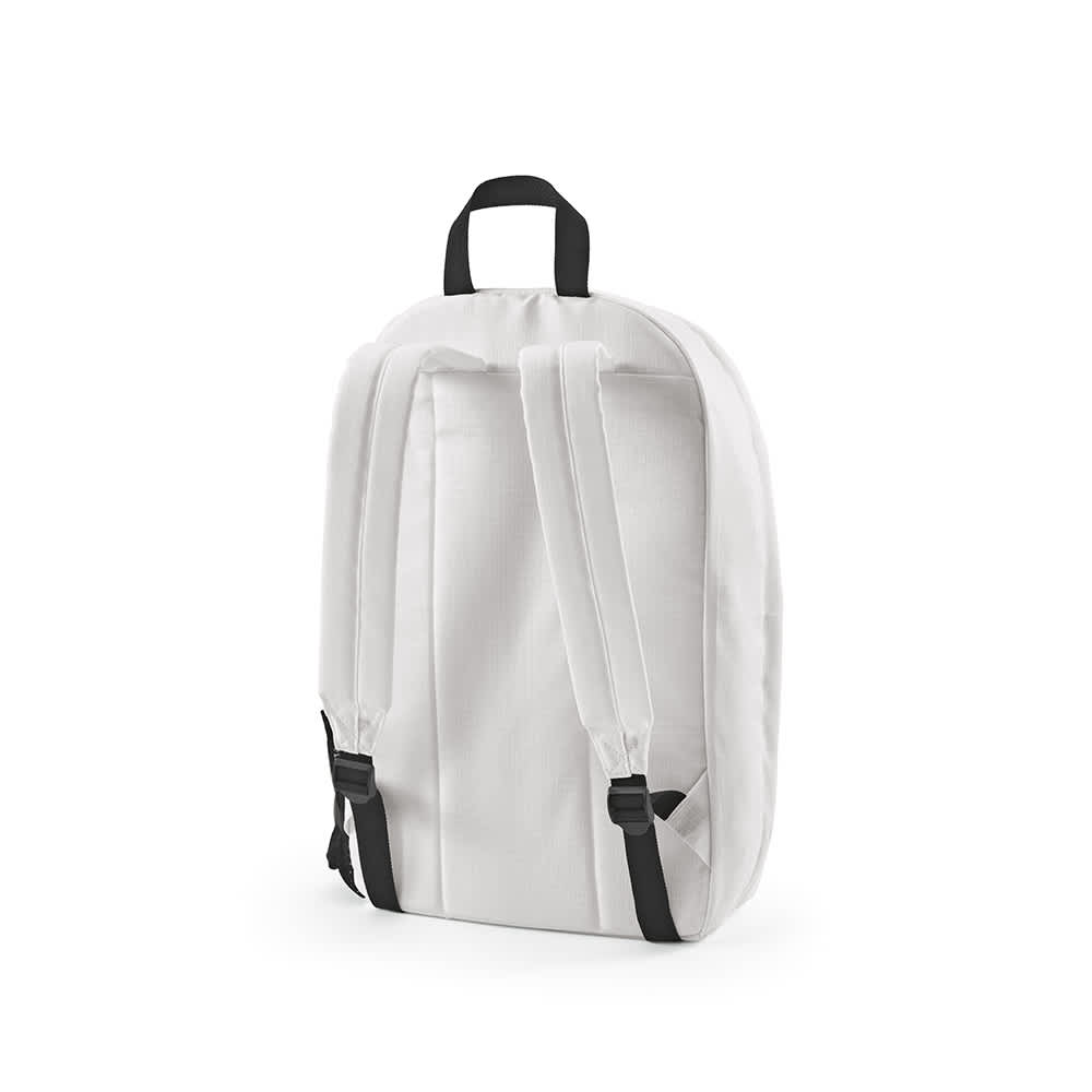 A white ripstop backpack with black straps, featuring a handle and designed to fit a 17" laptop.
