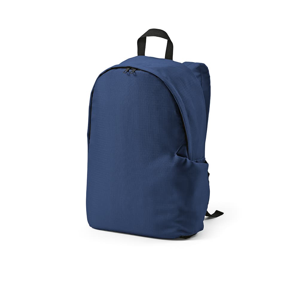 A navy blue backpack made from ripstop rPET, featuring a compartment for a 17" laptop and a side pocket.