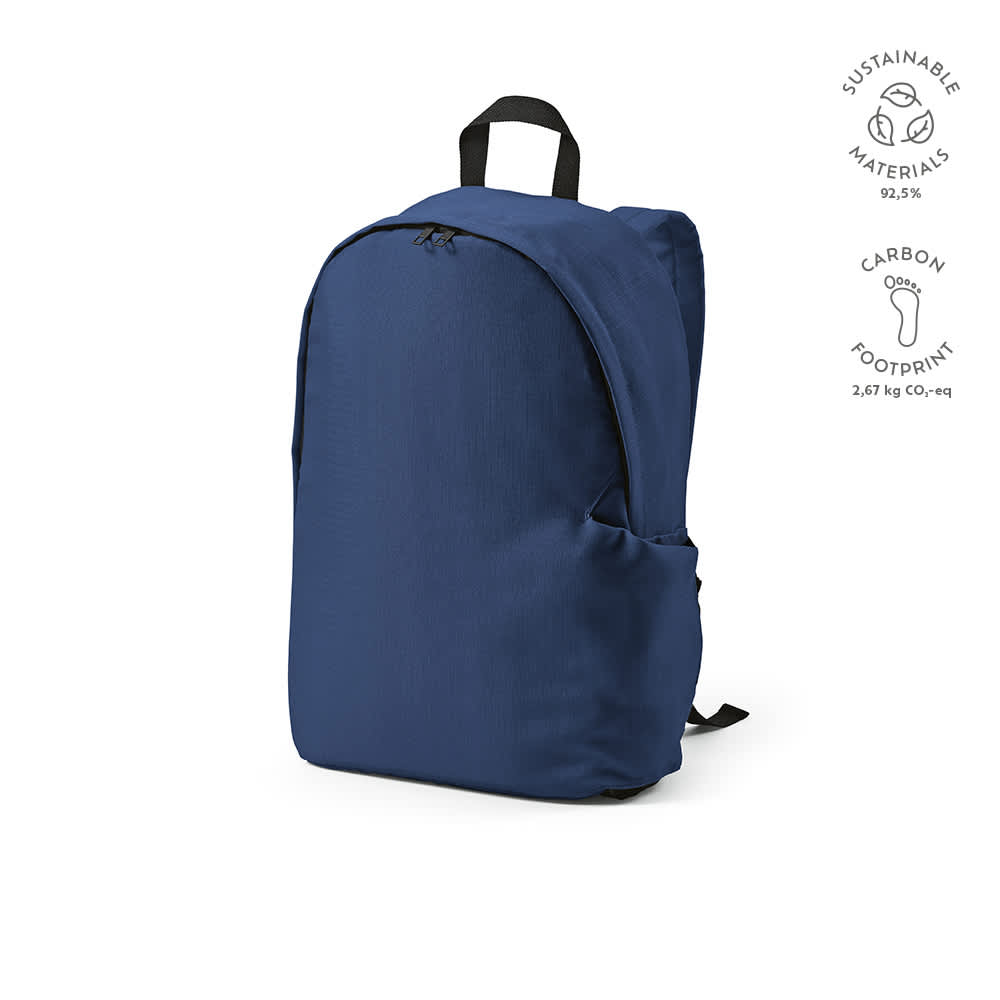 A navy blue backpack made from sustainable materials, featuring a side pocket and a logo. Fits a 17" laptop.
