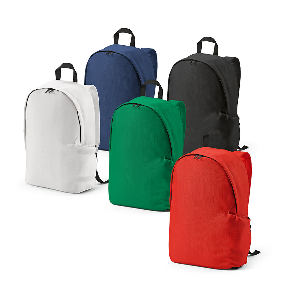 A collection of Tallin backpacks in white, blue, black, green, and red, designed to fit a 17" laptop. Each has a logo.