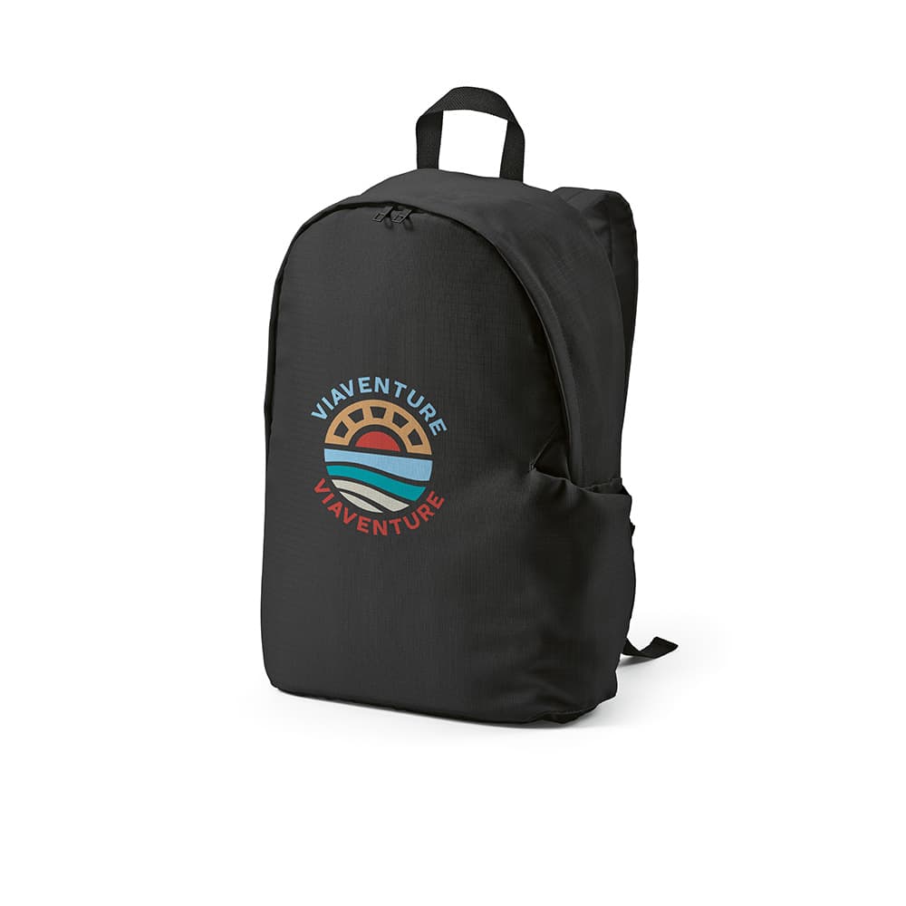 A black backpack with a logo on the front, designed to fit a 17" laptop, featuring a ripstop rPET material.
