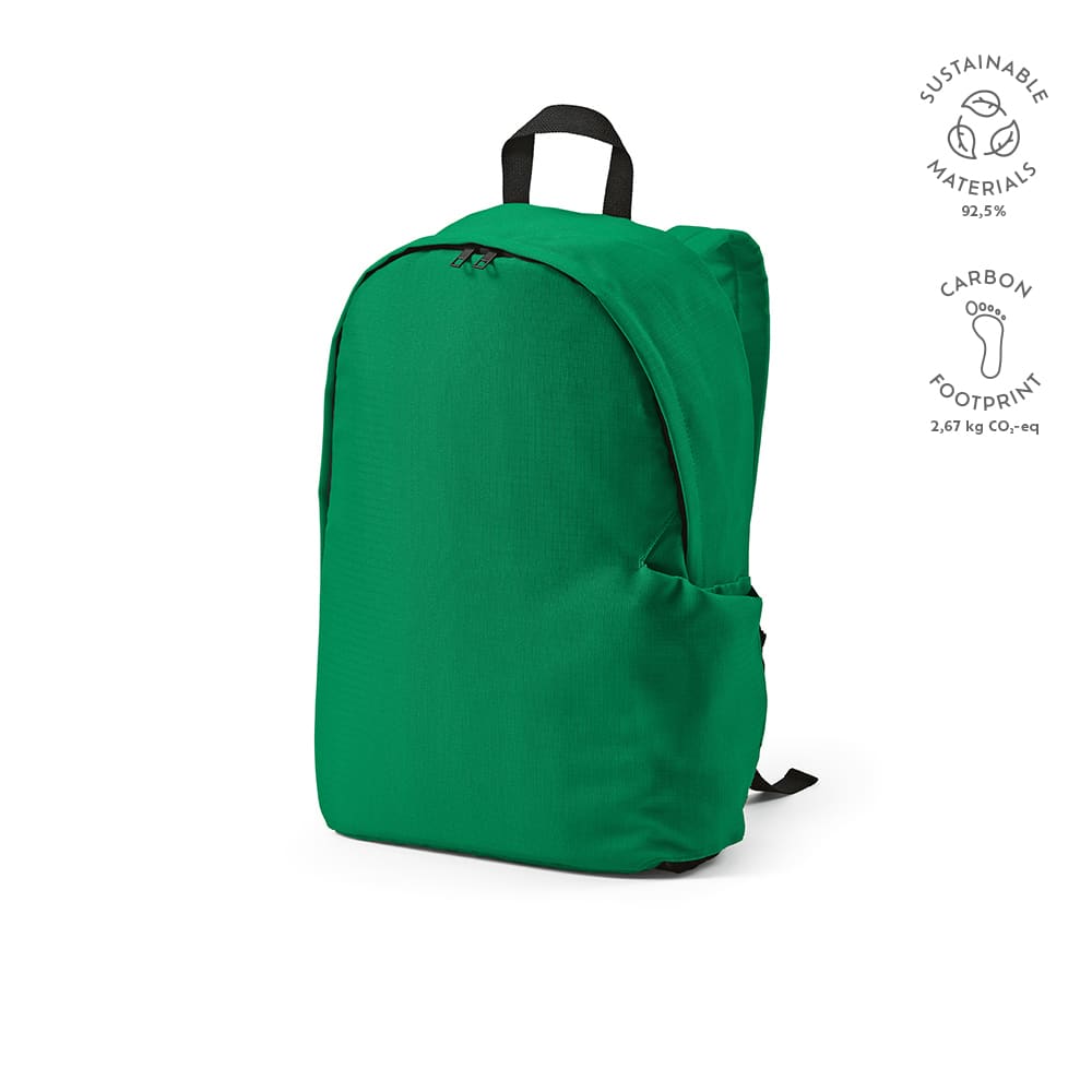 A green Tallin backpack made from sustainable materials, featuring a single main compartment and a logo.