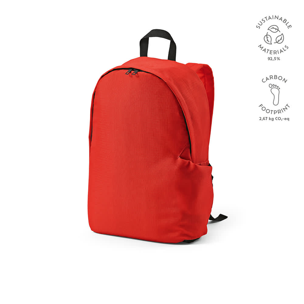 A red backpack made from sustainable materials, featuring a logo, designed to fit a 17" laptop.