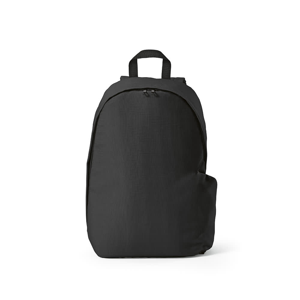 A black backpack made from ripstop rPET material, featuring a main compartment and a side pocket, with a logo.