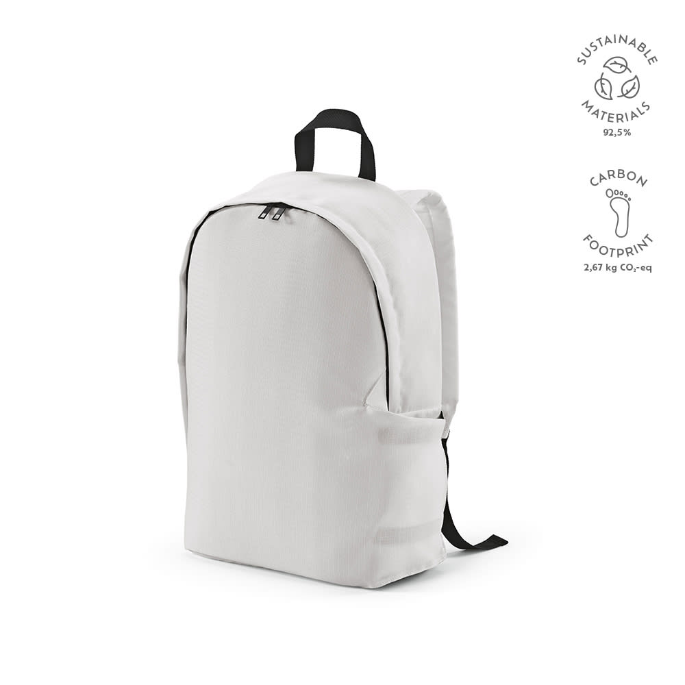 A white backpack made from ripstop rPET material, featuring a logo and designed to fit a 17" laptop.