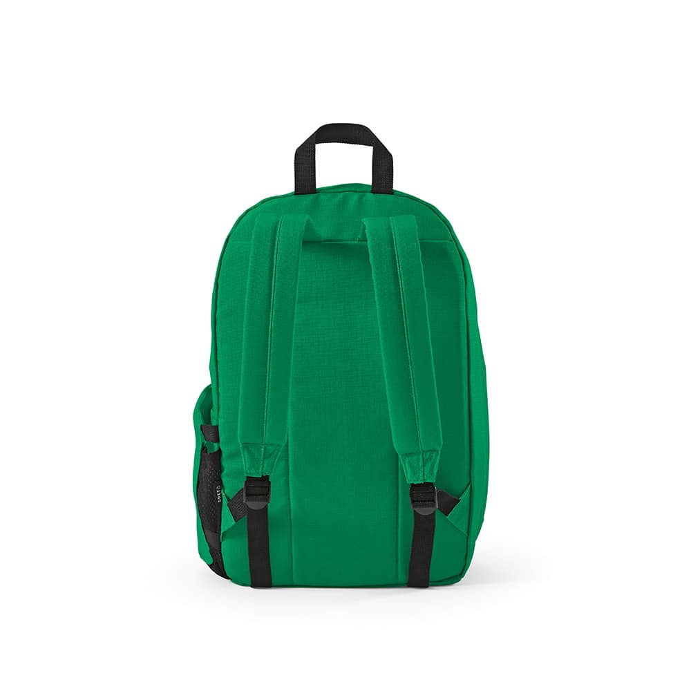 A green backpack with two adjustable straps and a side pocket, designed to fit a 17" laptop. It features a logo.