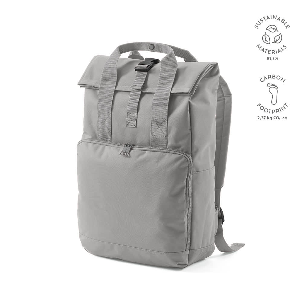 A grey backpack with a roll top and buckle closure, featuring one front pocket and a logo. Made from sustainable materials.