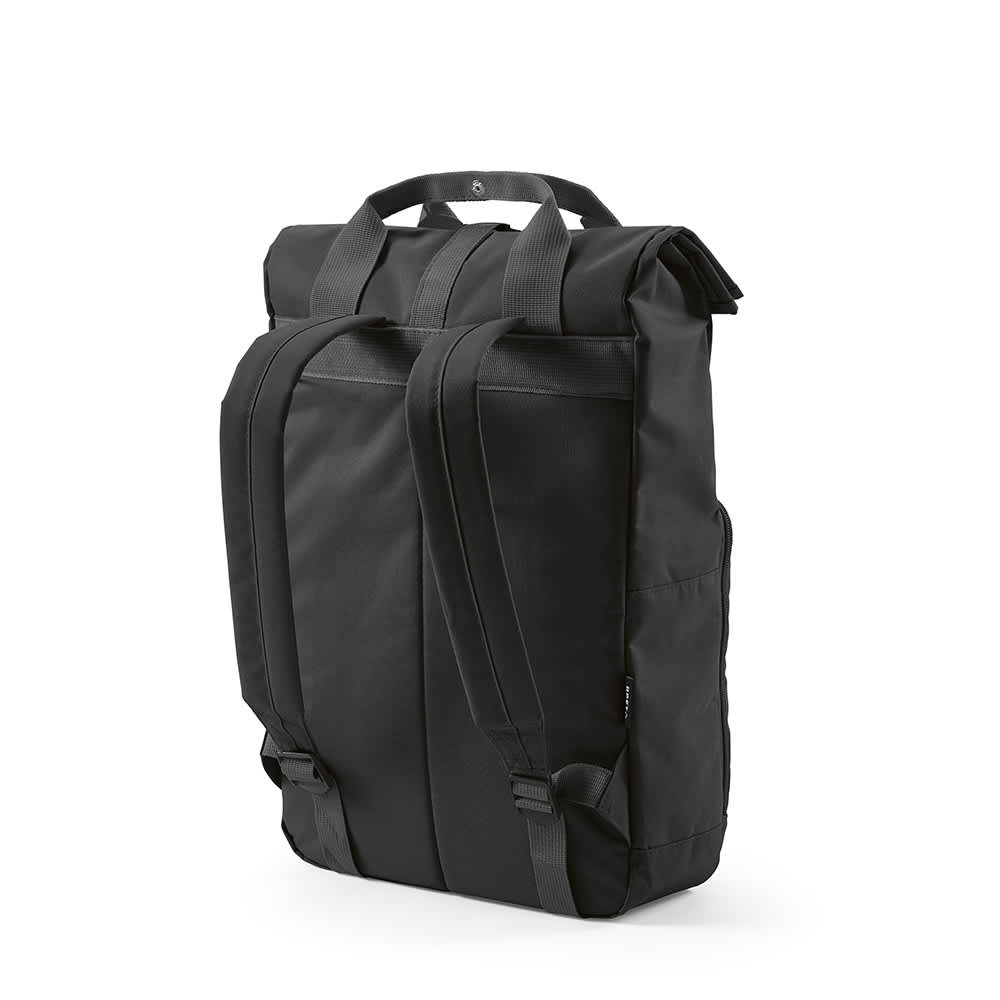 A black roll-top backpack with buckle closure and adjustable straps, featuring a logo on the front.