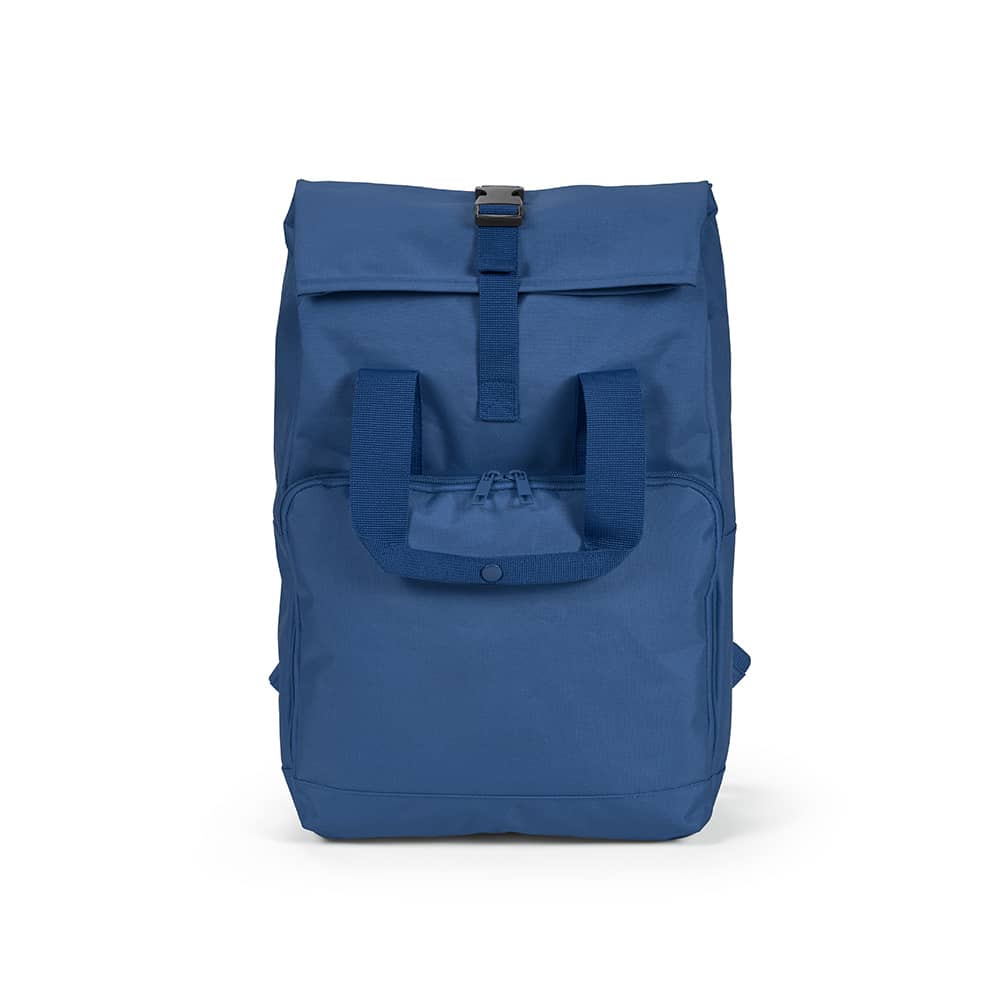 A blue backpack with a roll top and buckle closure, featuring a front pocket and sturdy straps. It has a logo.