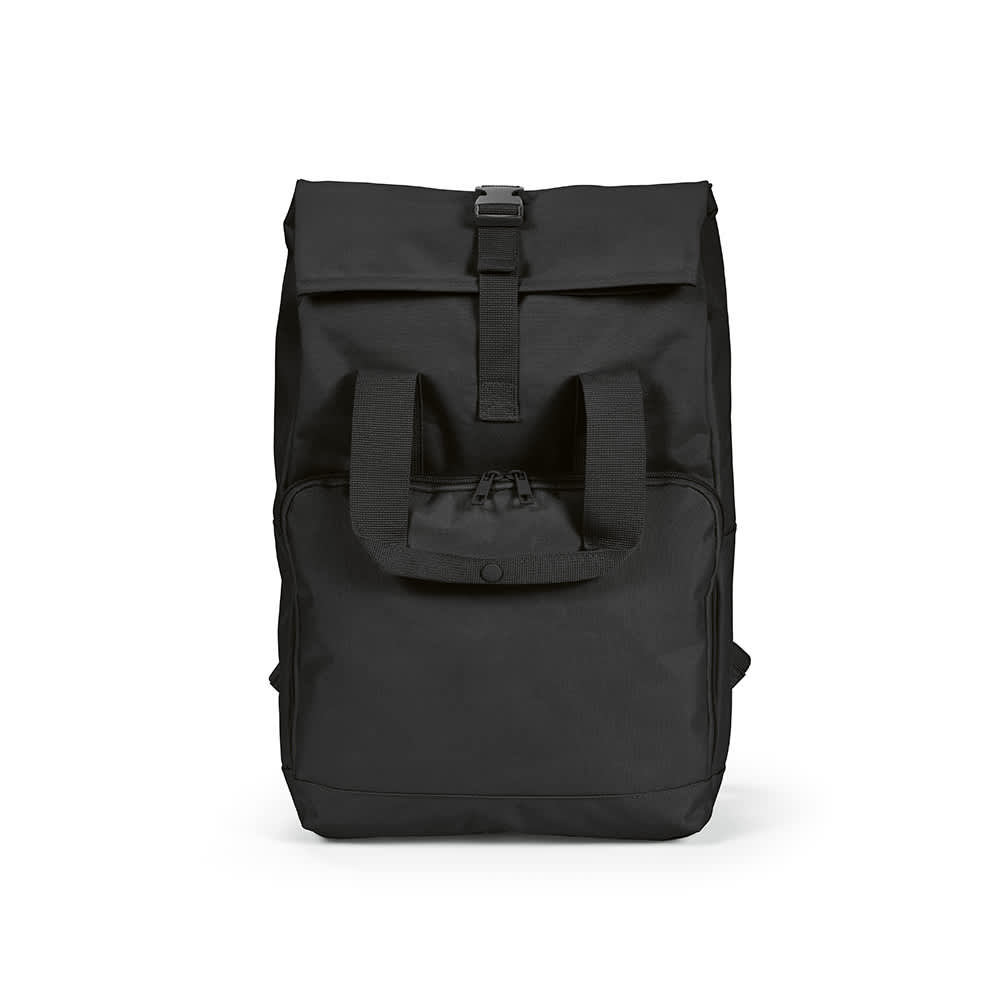 A black backpack with a roll top, buckle closure, and a zippered front pocket. It features a logo.