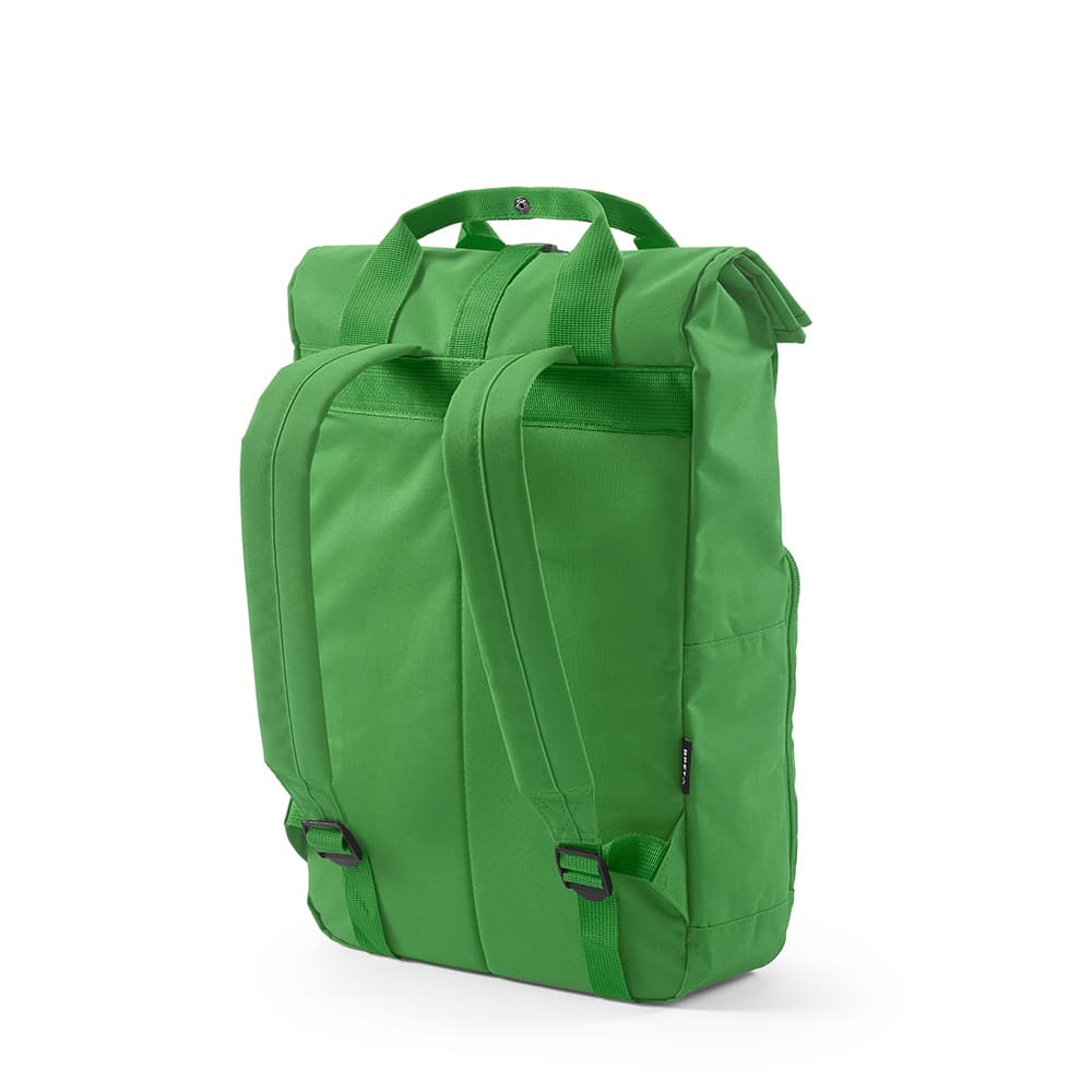 A green backpack with a roll top, buckle closure, and dual shoulder straps; features a branding logo.