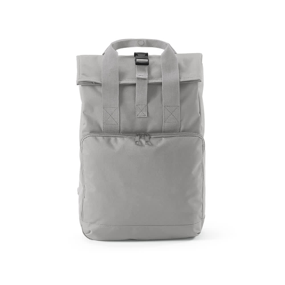 A grey roll-top backpack with a buckle closure and front zip pocket, featuring straps and a logo.