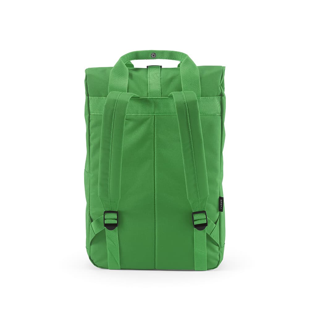 A green backpack featuring a roll top, buckle closure, and adjustable straps. It includes a branding logo.