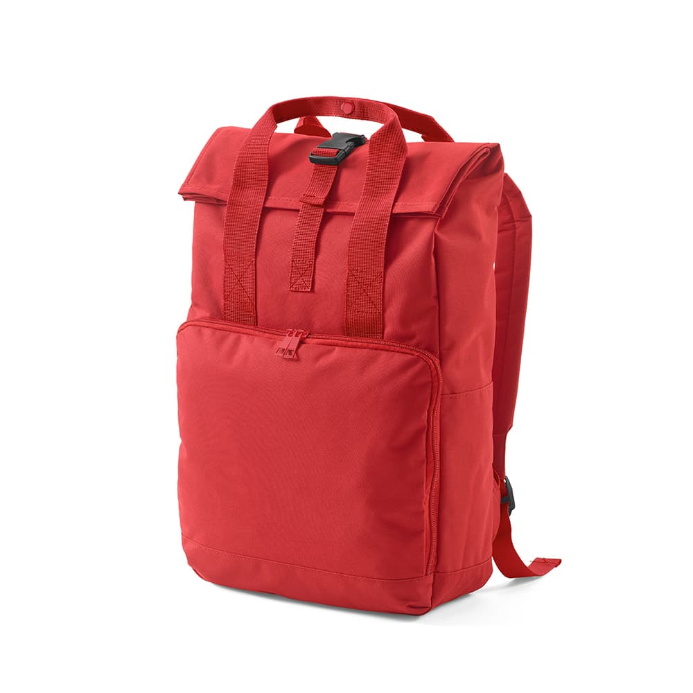 A red backpack featuring a roll top, buckle closure, and a front pocket. It has adjustable straps and a logo.