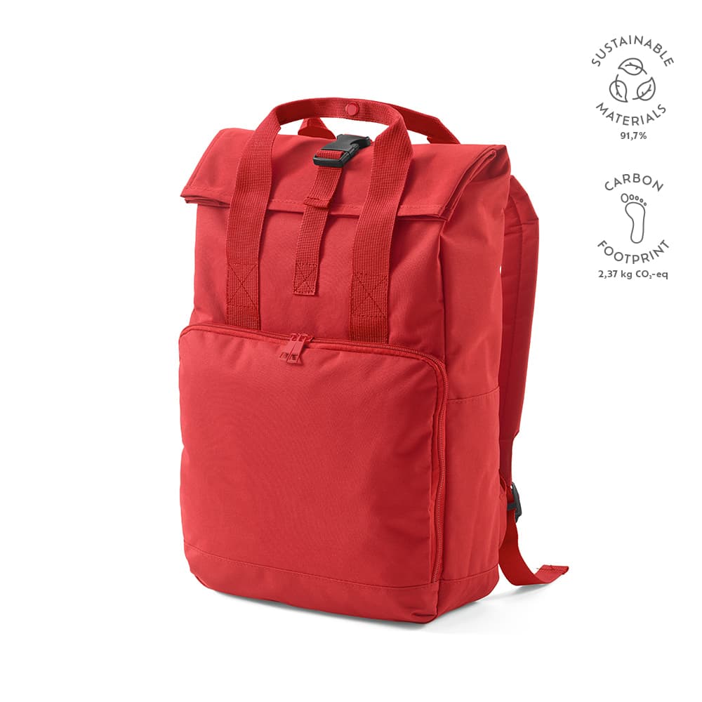 A red backpack with a roll top and buckle closure, featuring a front pocket and a logo. Made from sustainable materials.