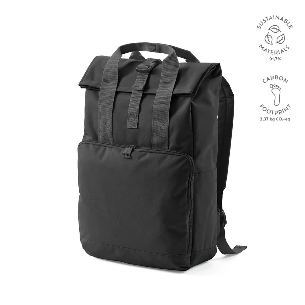 A black backpack featuring a roll top and buckle closure, with a front pocket and adjustable straps.